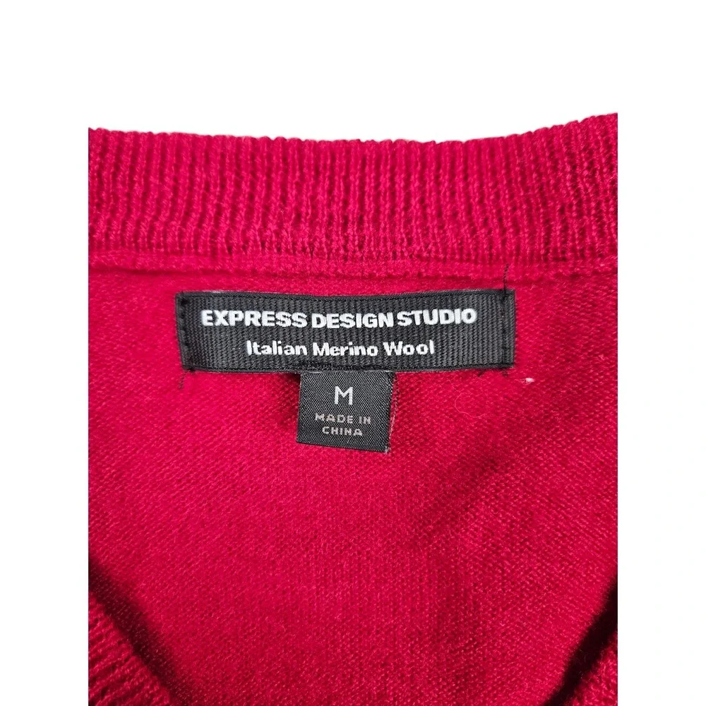 Express Design Studio Italian Merino Wool Sweater Mens Size Medium Red V-Neck‎